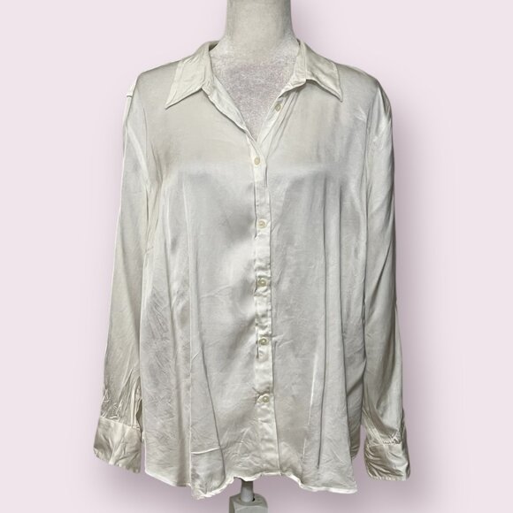 Lauren Ralph Lauren Ivory Satin Blouse 2X Button Front Long Sleeve 100% Viscose - Picture 2 of 9